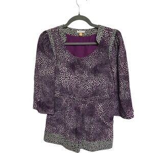 Leifsdottir Anthropology Purple Blouse Floral Print 3/4 Sleeve V-Neck Top Size 2